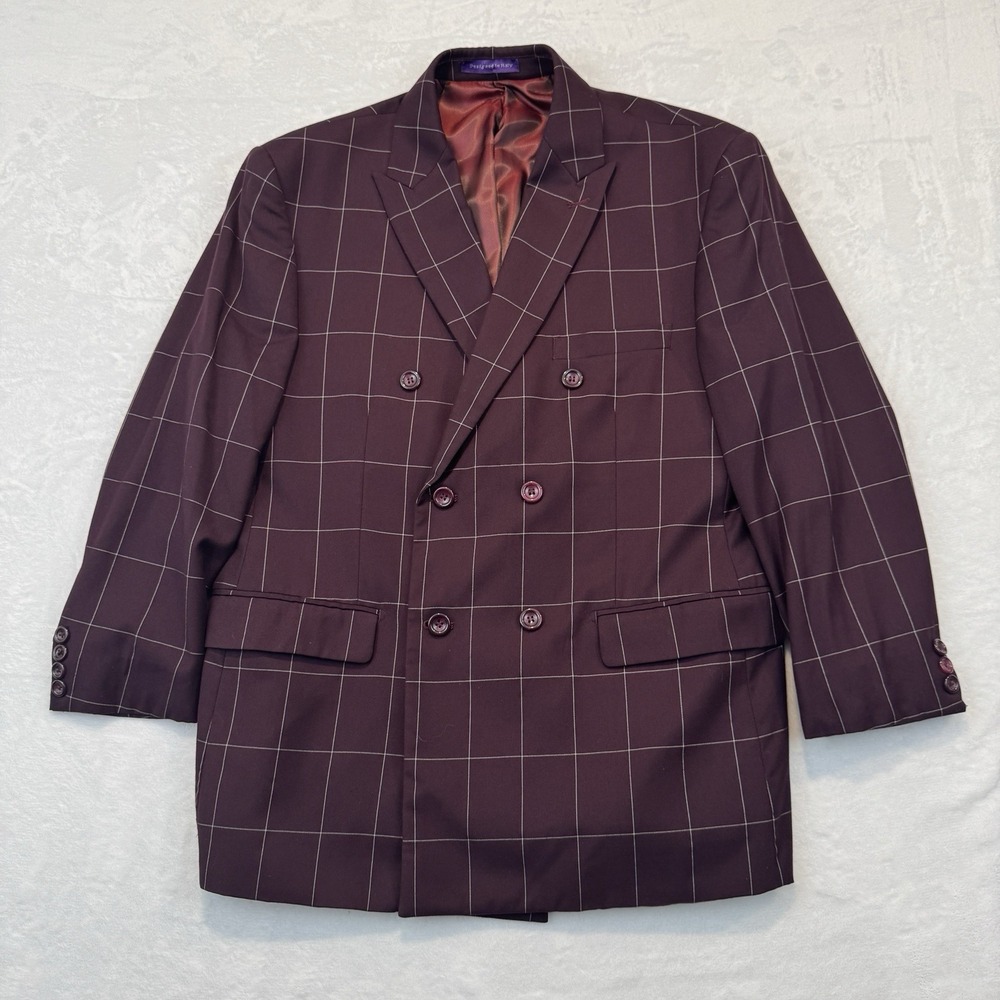 Designed‎ in Italy Mens Burgundy Windowpane Double Breasted Blazer Jacket 42R